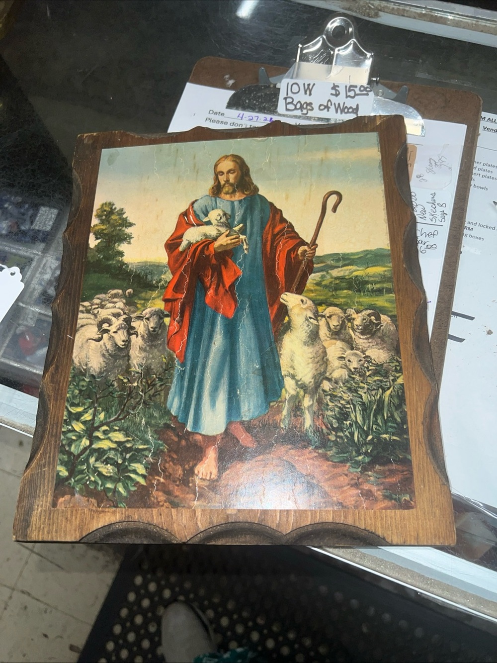 Vintage Jesus Good Shepherd Plaque with Wooden Frame - Blue & Red